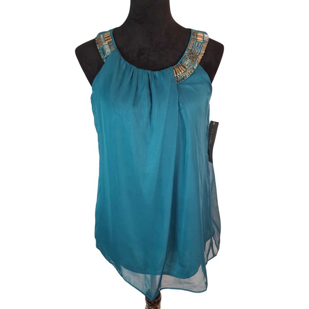 New w/tag NY COLLECTION Size Medium Teal Pleated Chiffon Beaded Sleeveles Blouse